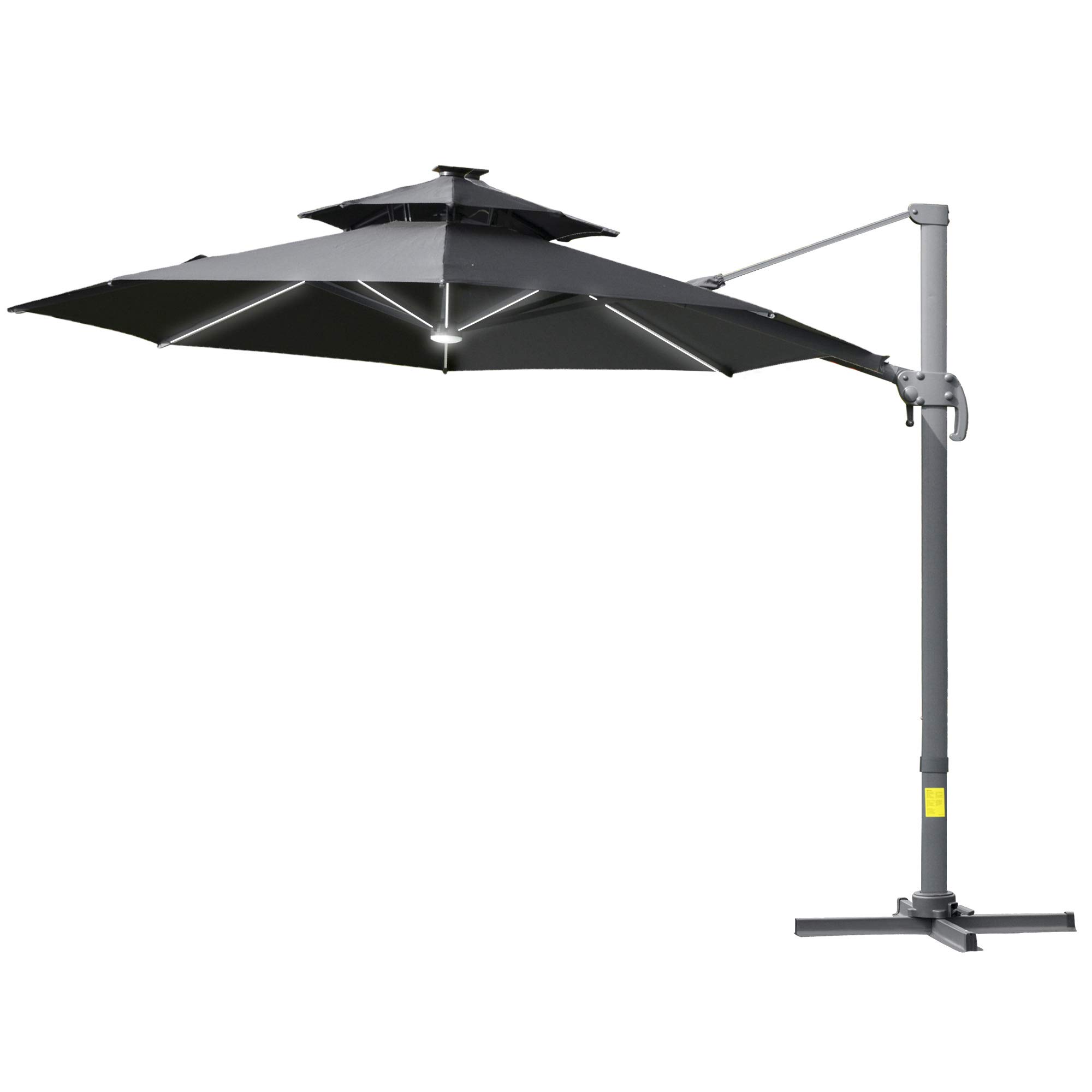 Outsunny 3(m) Cantilever Roma Parasol with LED Solar Lights, Crank & Tilt, Aluminium Frame, Cross Base and Adjustable Canopy 360° Rotating Sun Umbrella with 2-Tier Shade