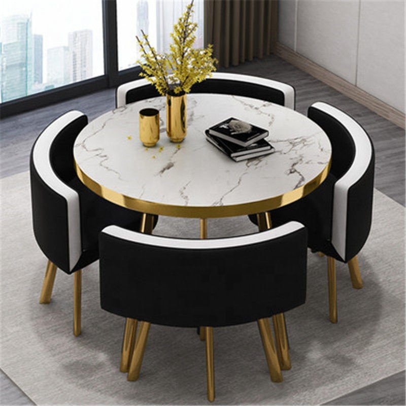 【Furniture】【BS】Small Round Wooden Dining Table Set with 4 Upholstered Chairs for Corner Balcony