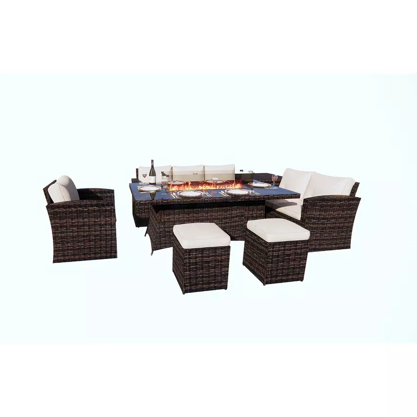 Morden 7-piece Outdoor Wicker Sofa with Fire Pit Table Patio Conversation sofa Set Dining Set