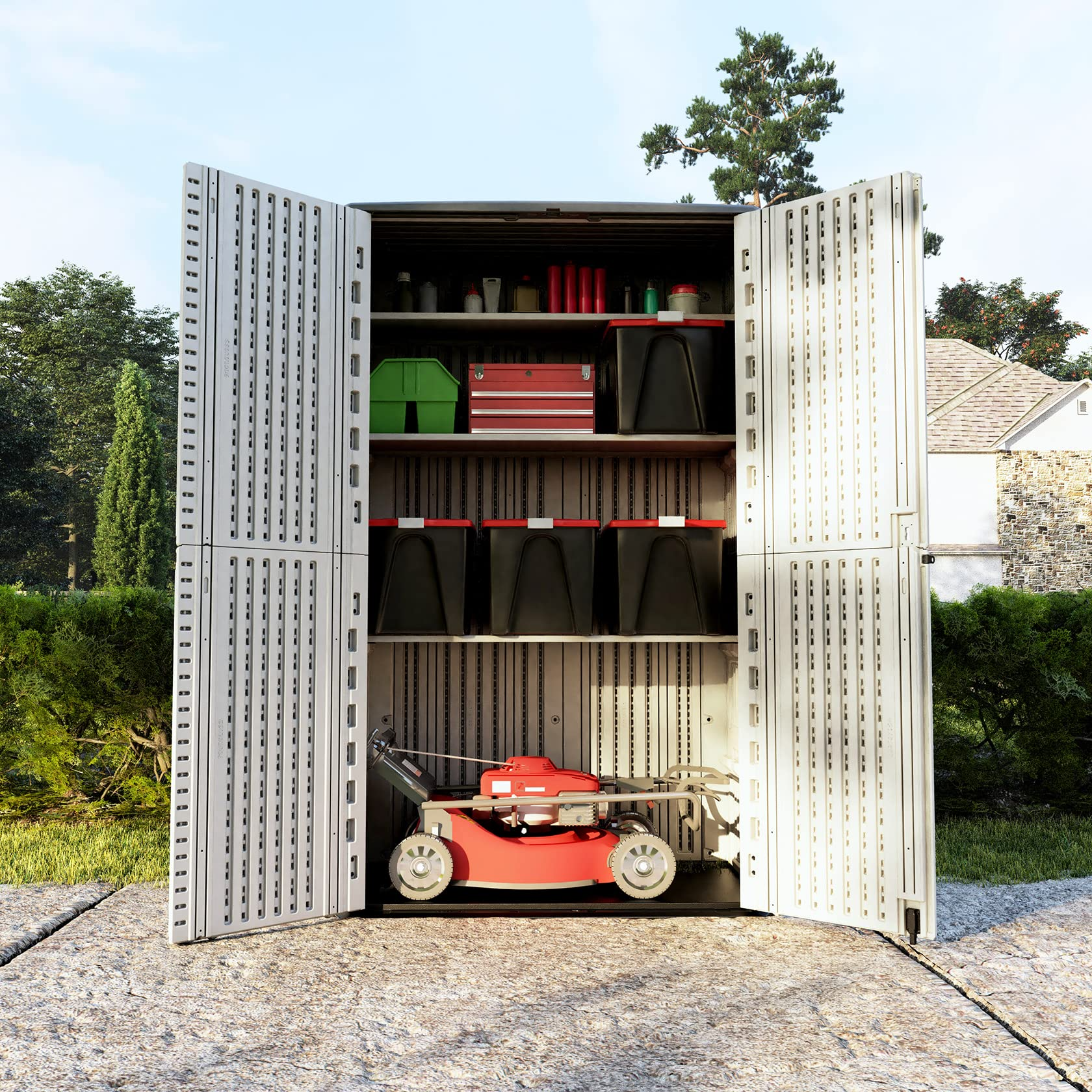 【Storage Shed】Outdoor Storage Shed Waterproof, Resin Vertical Storage Cabinet Double-Layered