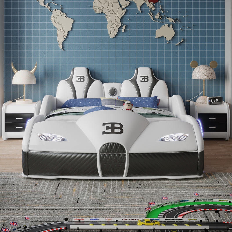 Creative Simple Car Children's Bed Little Boy Creative Solid Wood Frame High-Quality Leather Bed