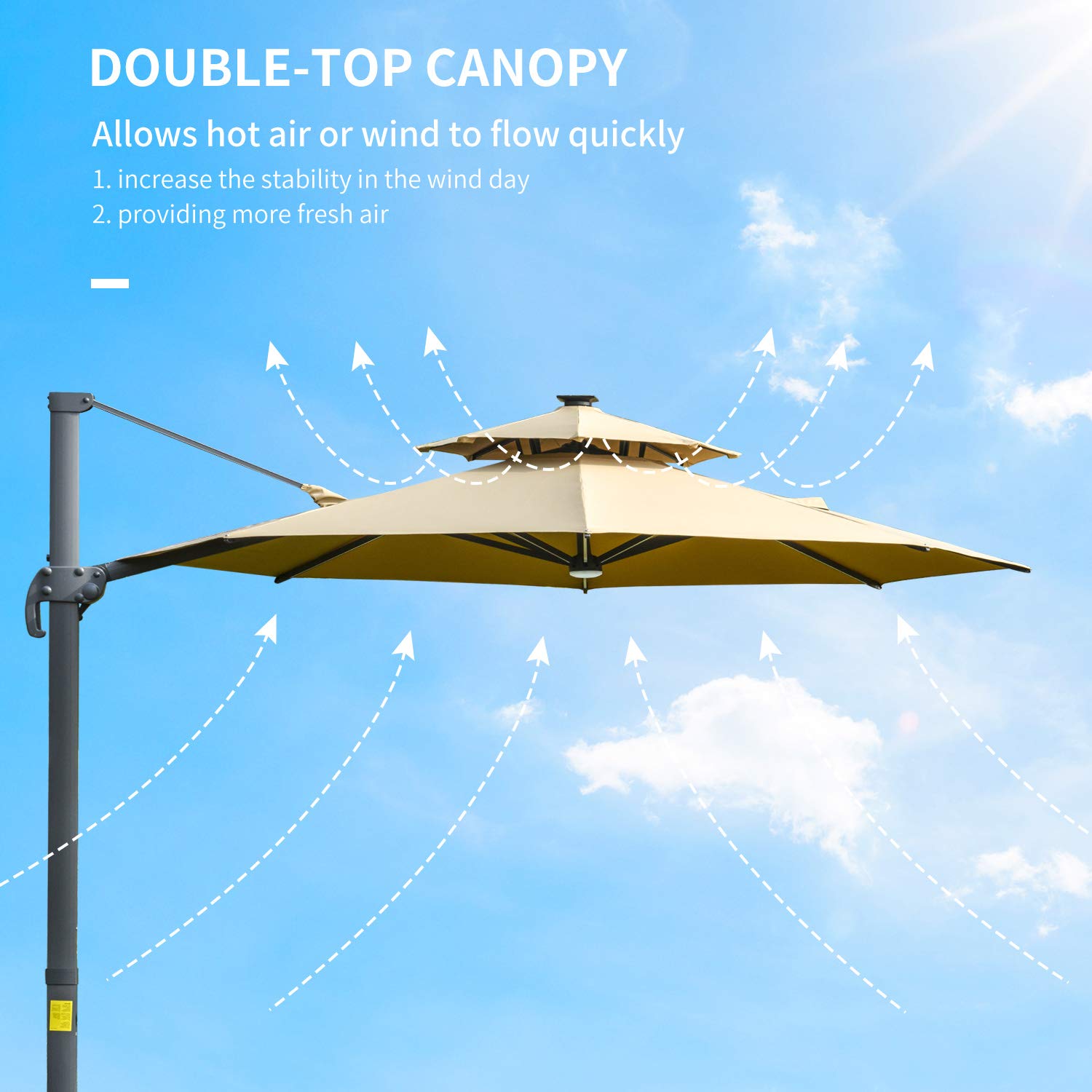 Outsunny 3(m) Cantilever Roma Parasol with LED Solar Lights, Crank & Tilt, Aluminium Frame, Cross Base and Adjustable Canopy 360° Rotating Sun Umbrella with 2-Tier Shade