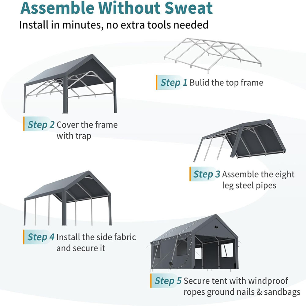 Heavy duty carport canopy, extra large portable car tent garage with roll-up windows and four seasons tarpaulin cover