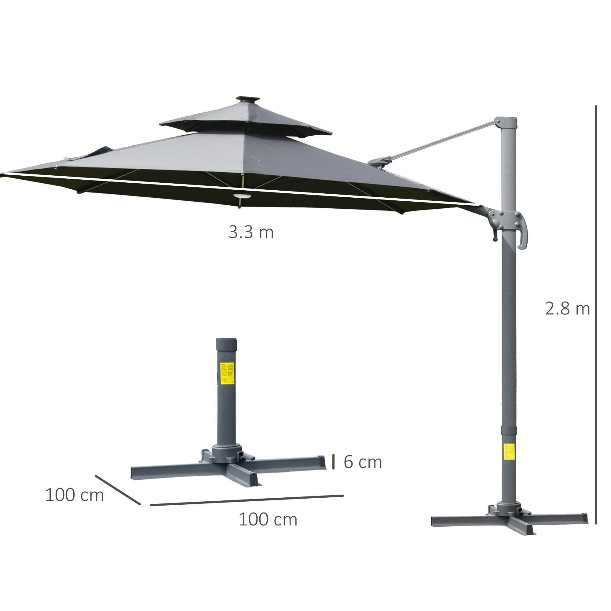 Outsunny 3(m) Cantilever Roma Parasol with LED Solar Lights, Crank & Tilt, Aluminium Frame, Cross Base and Adjustable Canopy 360° Rotating Sun Umbrella with 2-Tier Shade
