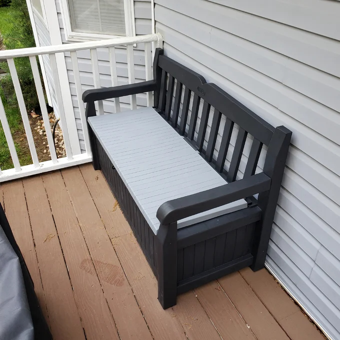 【Storage Shed】Solana Chic Elegant Wood-Look Storage Bench with Comfy Durable Weather Resistance Sitting