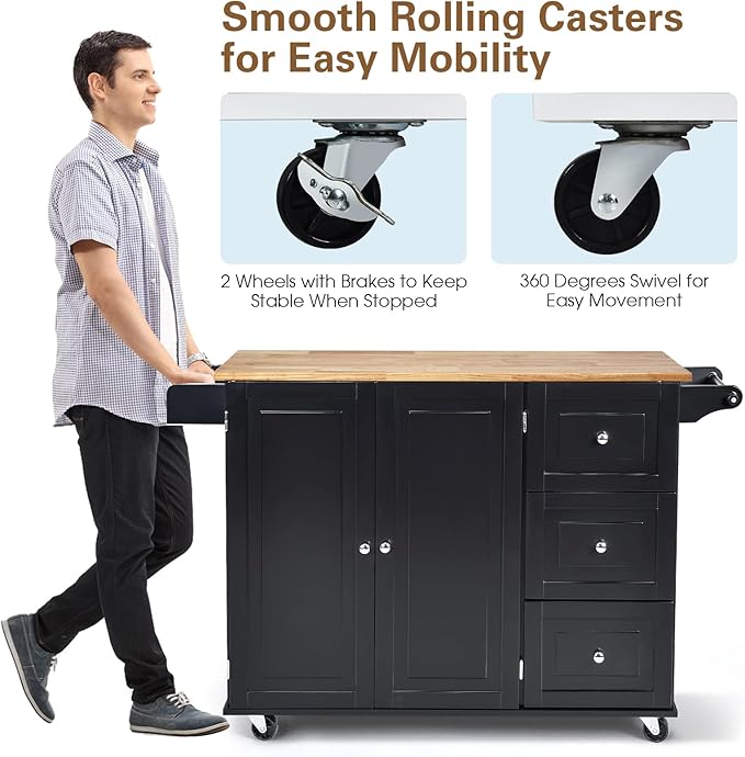 COS TWAY Kitchen Island Trolley on Wheels with Double Door Cabinet, 3 Drawers and Towel/Spice Rack, Utility Cabinet with Deciduous Rubber Wood Top and Adjustable Shelves, Suitable for Home Kitchen, Dining Room (Black)